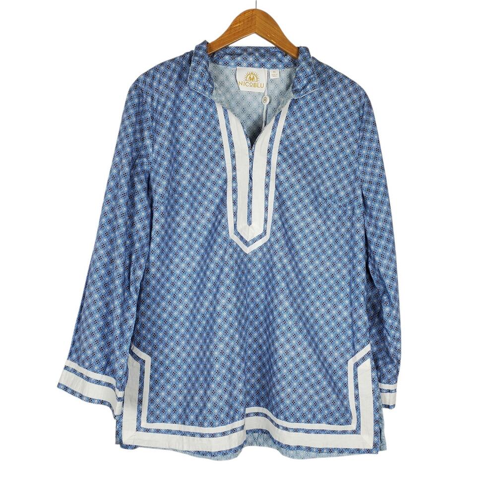 NEW Nicoblu Capri Tunic in Vietri Porcelain Print XL Blue White Long Sleeve Top